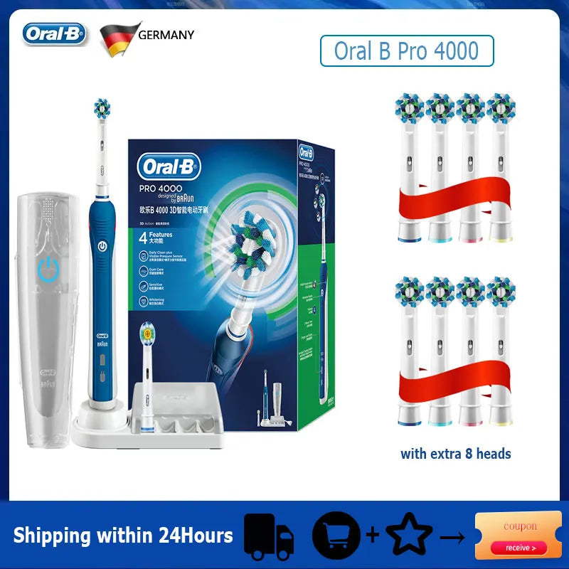 Oral B elektrinis dantų šepetėlis Pro 4000 3D veiksmo kasdienis dantų valymo matomas slėgio jutiklis, 4 režimų dantenų priežiūros priemonės, atsparios vandeniui, įkraunamos