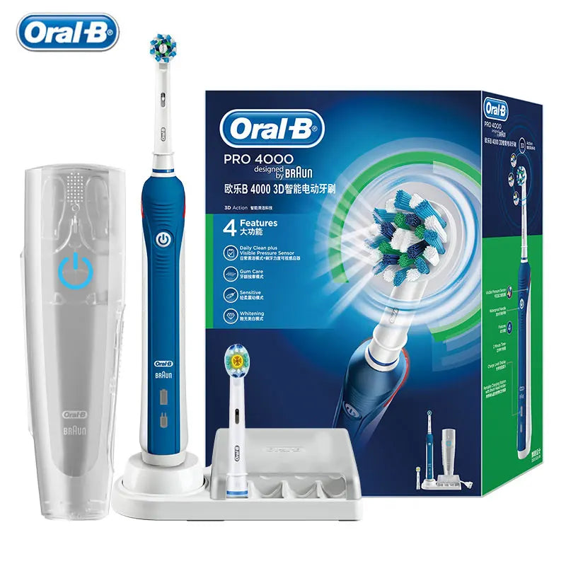 Oral B elektrinis dantų šepetėlis Pro 4000 3D veiksmo kasdienis dantų valymo matomas slėgio jutiklis, 4 režimų dantenų priežiūros priemonės, atsparios vandeniui, įkraunamos