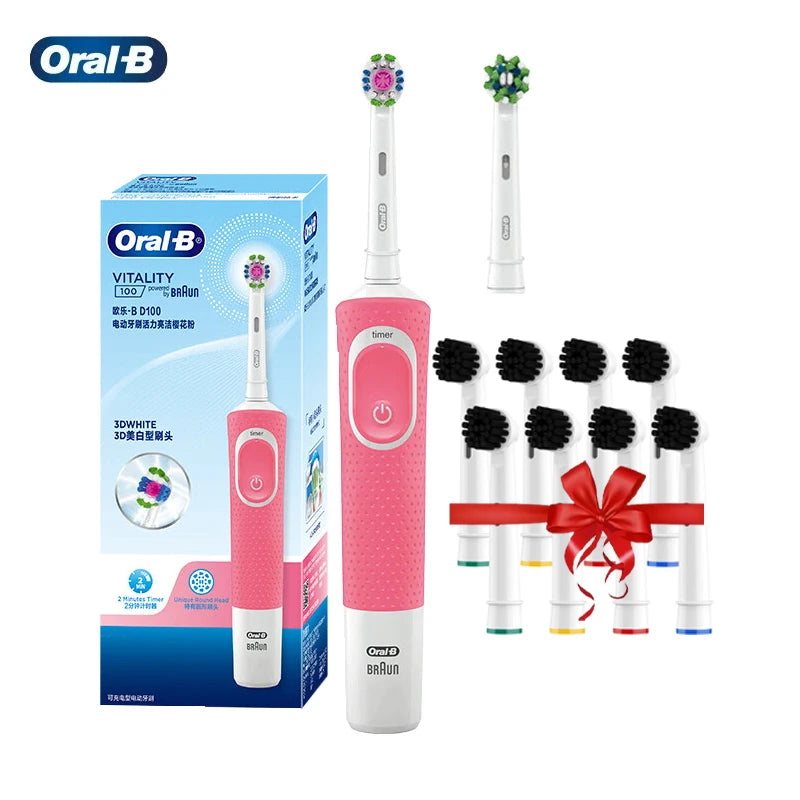 Oral B elektrinis dantų šepetėlis D100 Vitality 2D Kryžminis įkraunamas dantų šepetėlio valymo veiksmas su bambuko anglies šepetėlio galvutėmis