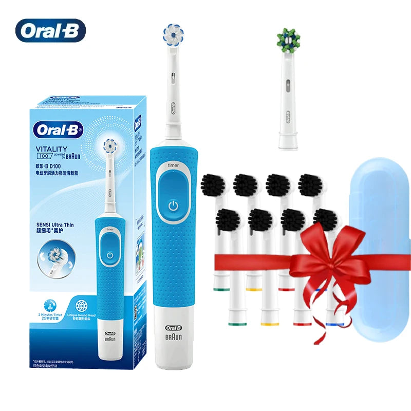 Oral B elektrinis dantų šepetėlis D100 Vitality 2D Kryžminis įkraunamas dantų šepetėlio valymo veiksmas su bambuko anglies šepetėlio galvutėmis