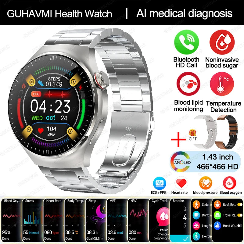 2024 m. naujas medicininės klasės išmanusis laikrodis cukraus kiekio kraujyje ir lipidų šlapimo rūgšties EKG + PPG kūno temperatūros Bluetooth skambučio sveikatos išmanusis laikrodis