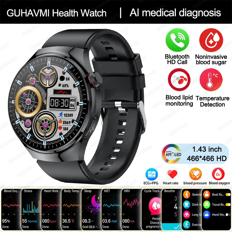 2024 m. naujas medicininės klasės išmanusis laikrodis cukraus kiekio kraujyje ir lipidų šlapimo rūgšties EKG + PPG kūno temperatūros Bluetooth skambučio sveikatos išmanusis laikrodis