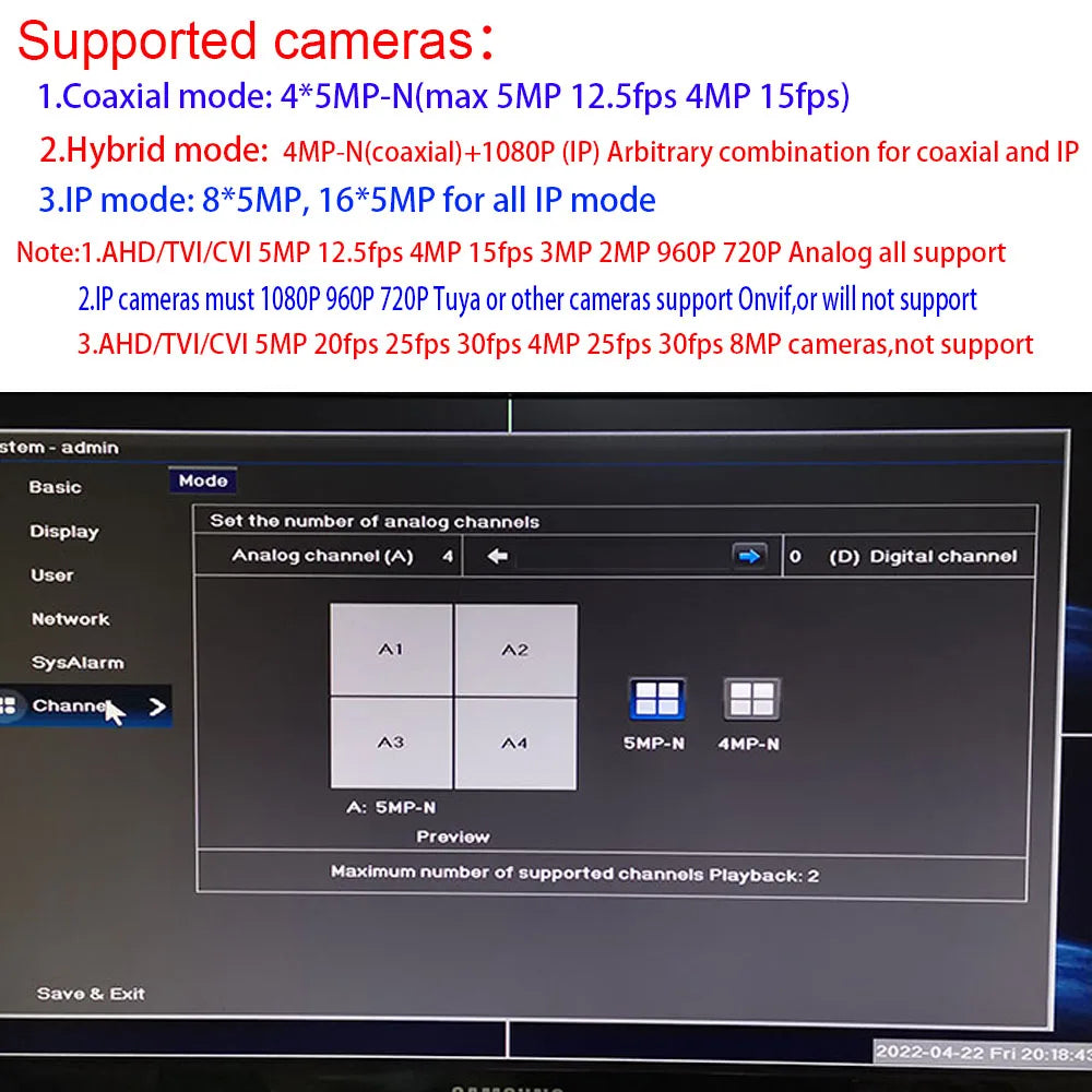 Hibridinis DVR CCTV apsauga 4 CH/8 kanalai 5M-N bendraašis garsas, skirtas 5MP 12,5Fps 1080P 720P TVI CVI CVBS kamera 5MP IP Onvif kamera