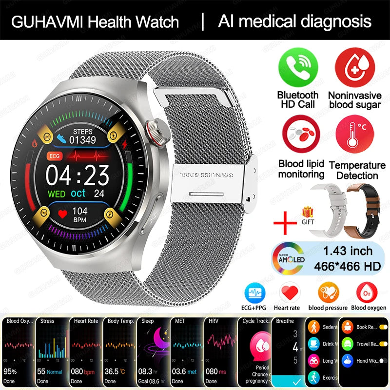 2024 m. naujas medicininės klasės išmanusis laikrodis cukraus kiekio kraujyje ir lipidų šlapimo rūgšties EKG + PPG kūno temperatūros Bluetooth skambučio sveikatos išmanusis laikrodis