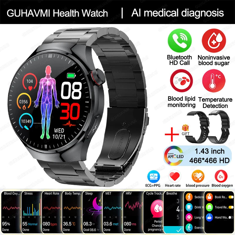 2024 m. naujas medicininės klasės išmanusis laikrodis cukraus kiekio kraujyje ir lipidų šlapimo rūgšties EKG + PPG kūno temperatūros Bluetooth skambučio sveikatos išmanusis laikrodis
