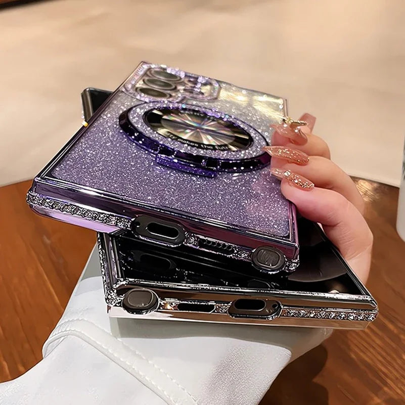 Prabangus Glitter Magsafe Bracket Dėklas, skirtas Samsung Galaxy S24 S25 S23 Ultra S22 Plus A55 A35 A25 A24 A15 A05S deimantinis dangtelis