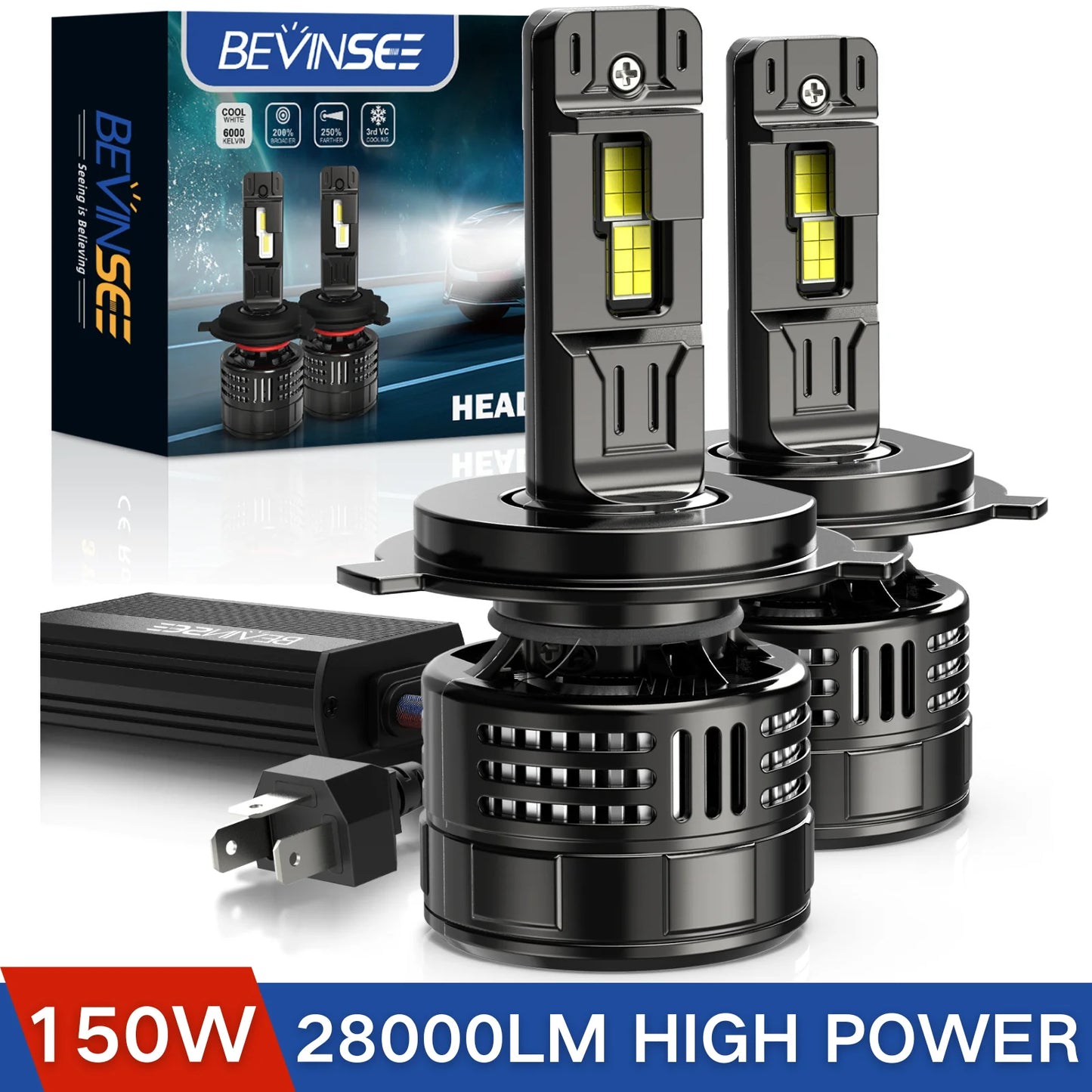 BEVINSEE 28000LM H4 LED priekinio žibinto lemputė 150W didelės galios CANBUS Nėra klaidų H7 H11 H8 H9 9012 9005 HB3 9006 HB4 Automatinis LED priekinis žibintas 12V