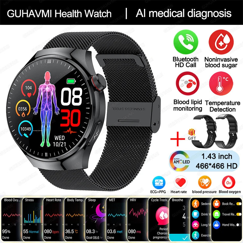 2024 m. naujas medicininės klasės išmanusis laikrodis cukraus kiekio kraujyje ir lipidų šlapimo rūgšties EKG + PPG kūno temperatūros Bluetooth skambučio sveikatos išmanusis laikrodis