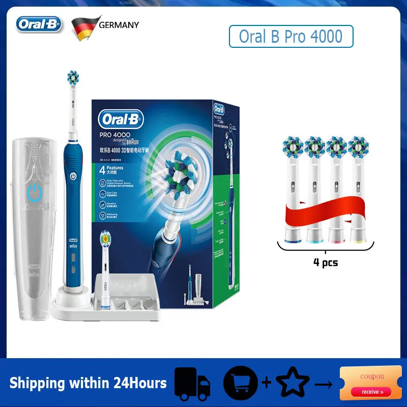 Oral B elektrinis dantų šepetėlis Pro 4000 3D veiksmo kasdienis dantų valymo matomas slėgio jutiklis, 4 režimų dantenų priežiūros priemonės, atsparios vandeniui, įkraunamos
