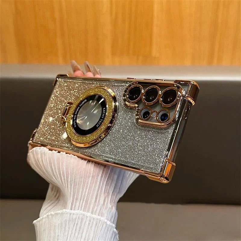 for Magsafe Glitter Bracket Case for Samsung Galaxy S24 S25 Ultra S23 S22 Plus Note 20 Stand Holder Gradient Plating Bling Cover