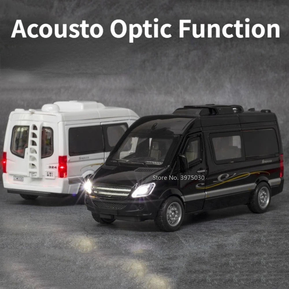 1/32 Business Purpose Vehicle RV Toy Car Model Alloy Diecast Sound Light Pull Back Function Toys Vehicle Models Collection Gifts