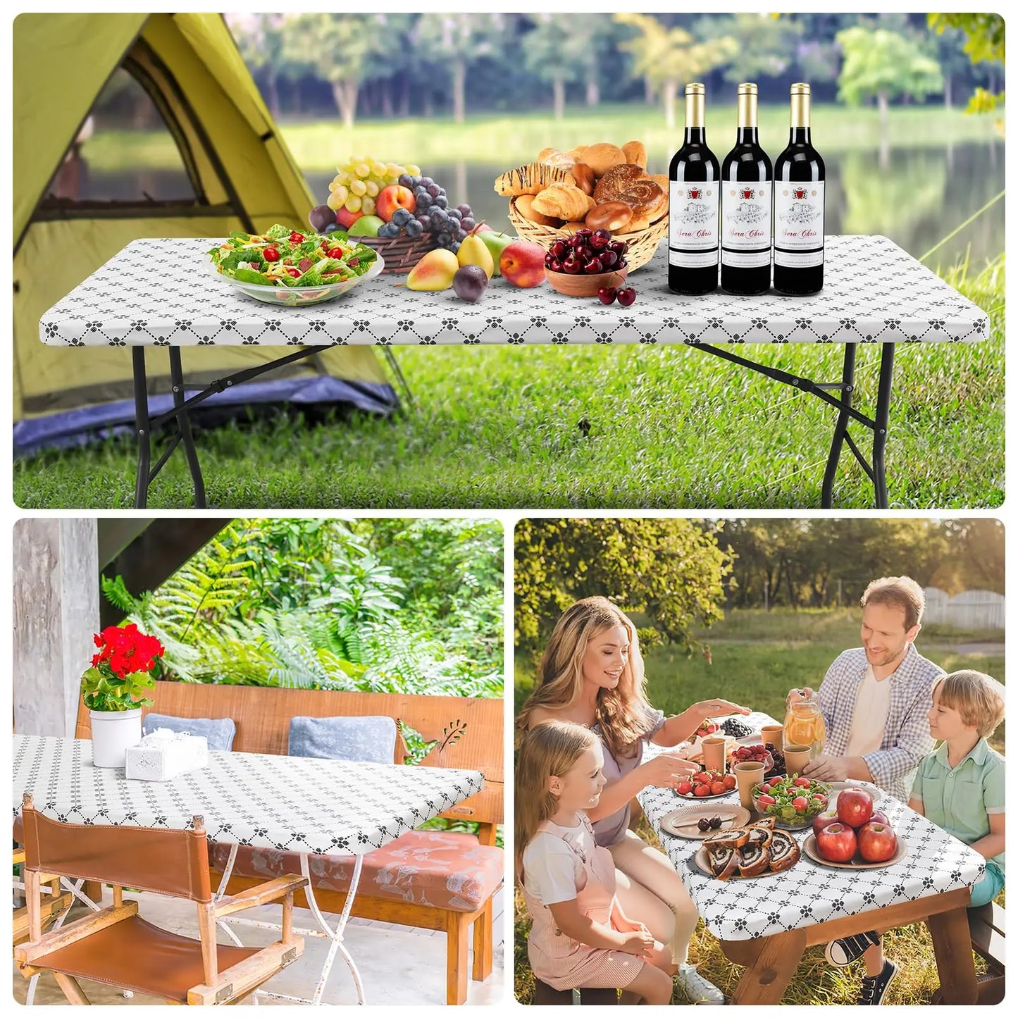 Olanly Rectangle Vinyl Table Cloth Elastic Fitted Tablecloth With Flannel Backing Waterproof Plastic Table Cover Camp Tablecloth
