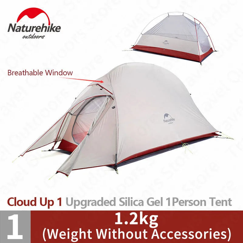 Naturehike Cloud Up 1 2 3 asmenų palapinė lauko itin lengvos nešiojamos stovyklavietės palapinės su kilimėliu Camping 20D silikoninė kelioninė palapinė