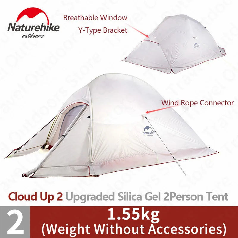 Naturehike Cloud Up 1 2 3 asmenų palapinė lauko itin lengvos nešiojamos stovyklavietės palapinės su kilimėliu Camping 20D silikoninė kelioninė palapinė