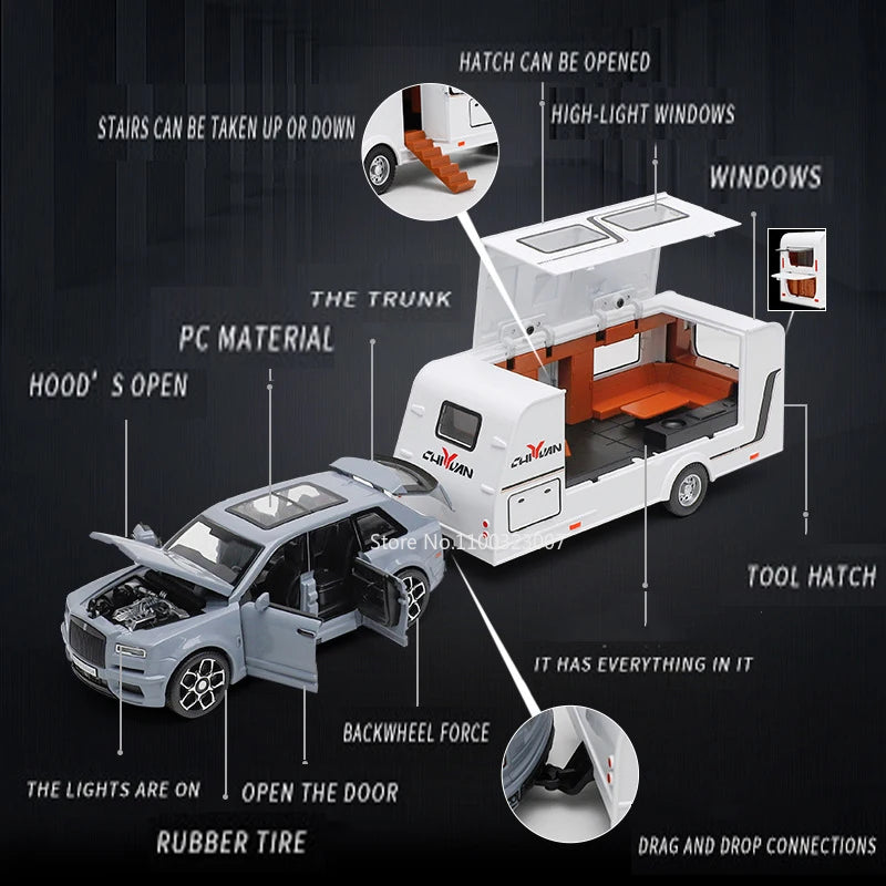 1/32 Rolls Royce Cullinan RV Car Model Alloy Diecast Off-road Vehicle Toy With Sound and Light Camping Car Model For Boys Gifts