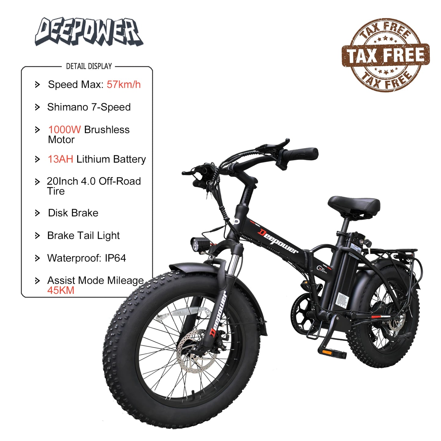 DEEPOWER G20Pro 1000W sulankstomas elektrinis dviratis 1000W 48V 25AH Fat Tire Ebike Mountain 20 colių elektrinis dviratis paplūdimio dviračiu E dviratis