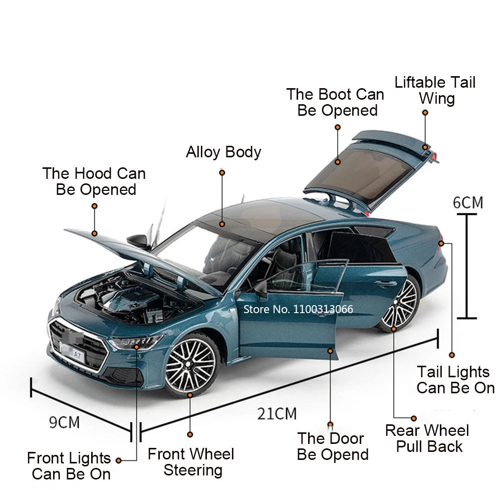 1/24 A7 Alloy Model Car Toys Rear Wheel Pull Back Front Wheel Steering Cars with Light Sound Vehicle for Children Collect Gifts