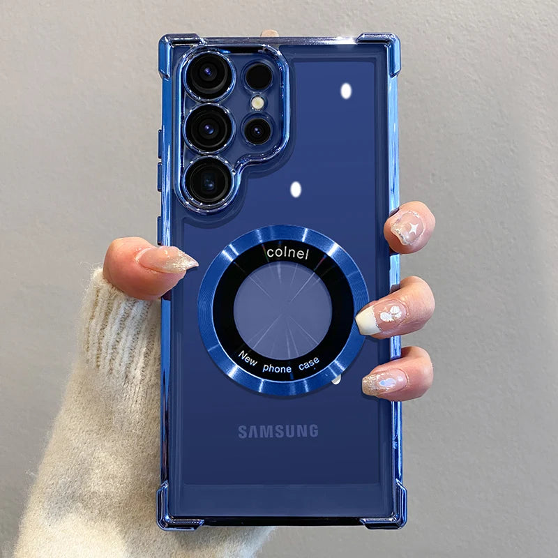 Prabangus padengiamas magnetinis belaidžio įkrovimo dėklas, skirtas Samsung S25 S24 Ultra S23 FE S22 Plus S21 Note 20 skaidrus objektyvo apsauginis dangtelis