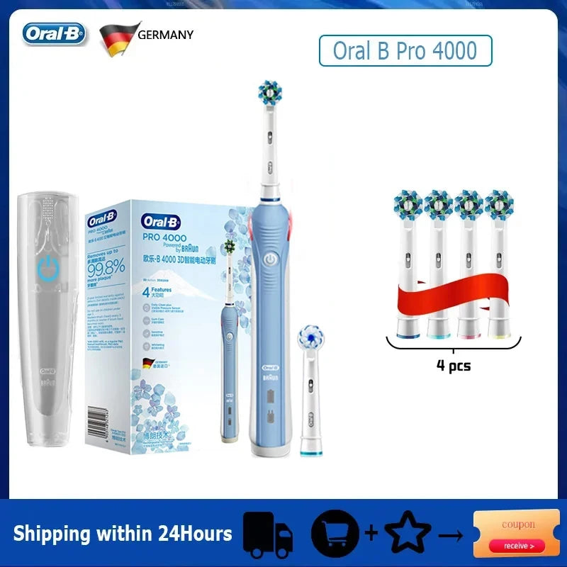 Oral B elektrinis dantų šepetėlis Pro 4000 3D veiksmo kasdienis dantų valymo matomas slėgio jutiklis, 4 režimų dantenų priežiūros priemonės, atsparios vandeniui, įkraunamos