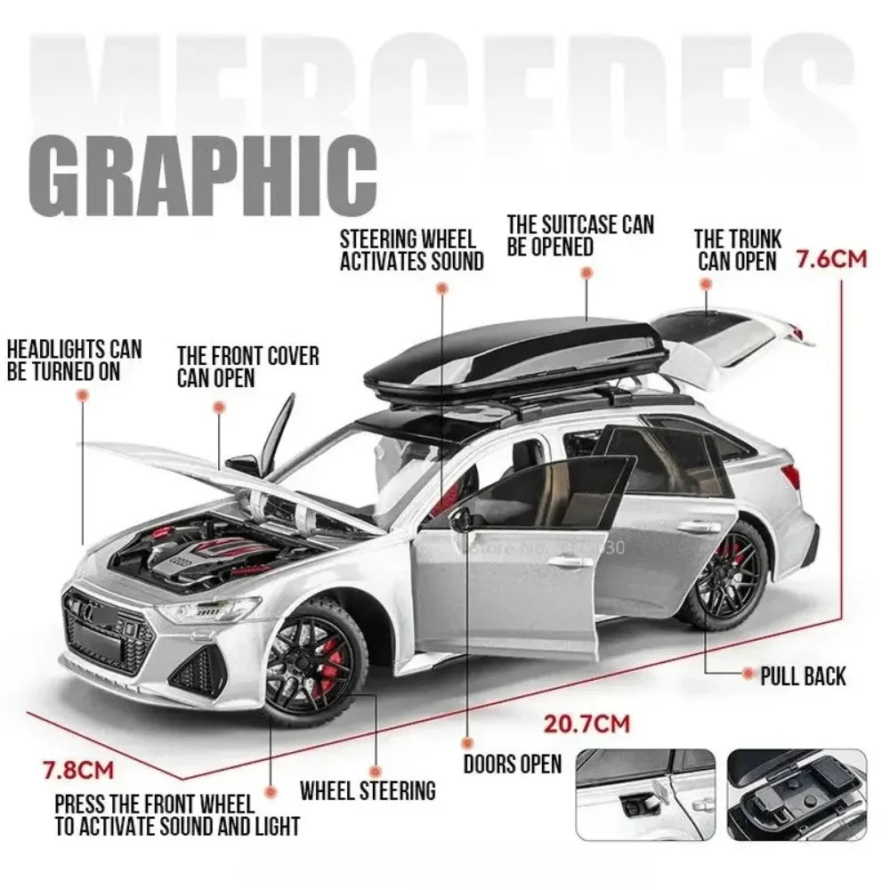 1:24 AUDI RS6 Alloy Miniature Car Model Toy Travel Edition Metal Diecast Vehicle 6 Doors Opened Sound Light Boys Christmas Gifts