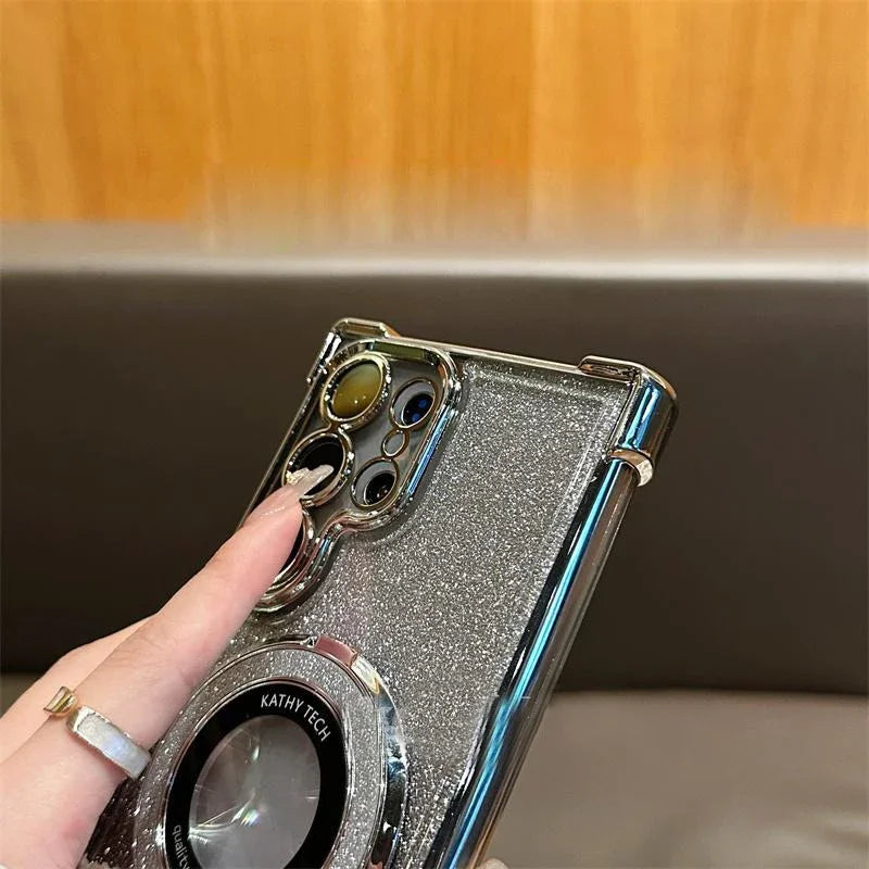 for Magsafe Glitter Bracket Case for Samsung Galaxy S24 S25 Ultra S23 S22 Plus Note 20 Stand Holder Gradient Plating Bling Cover