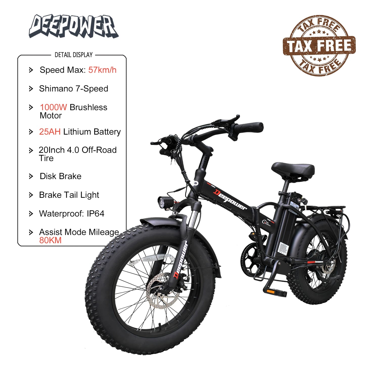 DEEPOWER G20Pro 1000W sulankstomas elektrinis dviratis 1000W 48V 25AH Fat Tire Ebike Mountain 20 colių elektrinis dviratis paplūdimio dviračiu E dviratis