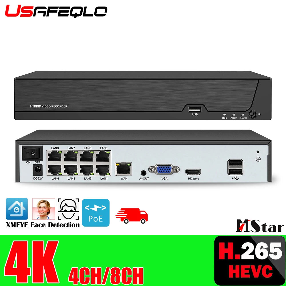 Veido aptikimo H.265 8ch*4K 4ch/8ch PoE tinklo vaizdo įrašymo įrenginio stebėjimas PoE NVR 4/8 kanalas, skirtas HD 8MP 5MP IP kamerai