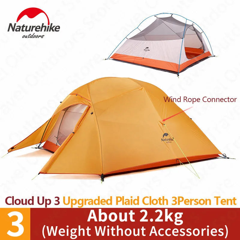 Naturehike Cloud Up 1 2 3 asmenų palapinė lauko itin lengvos nešiojamos stovyklavietės palapinės su kilimėliu Camping 20D silikoninė kelioninė palapinė