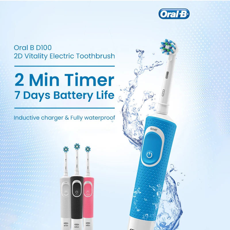 Oral B elektrinis dantų šepetėlis D100 Vitality 2D Kryžminis įkraunamas dantų šepetėlio valymo veiksmas su bambuko anglies šepetėlio galvutėmis