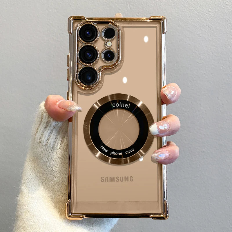 Prabangus padengiamas magnetinis belaidžio įkrovimo dėklas, skirtas Samsung S25 S24 Ultra S23 FE S22 Plus S21 Note 20 skaidrus objektyvo apsauginis dangtelis