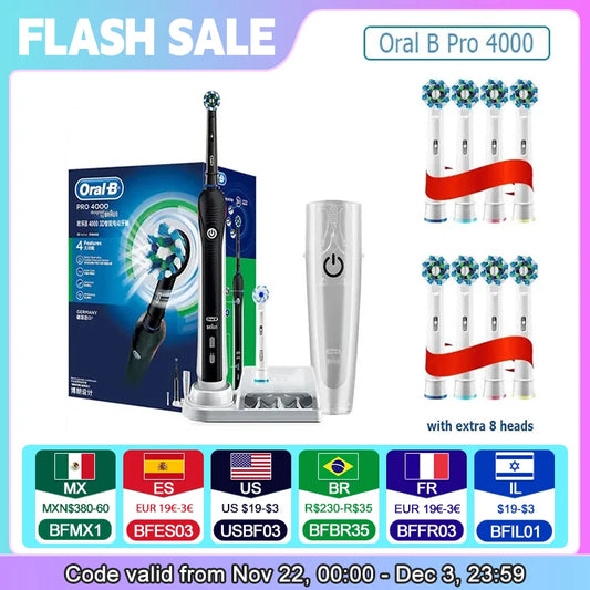 Oral B elektrinis dantų šepetėlis Pro 4000 3D veiksmo kasdienis dantų valymo matomas slėgio jutiklis, 4 režimų dantenų priežiūros priemonės, atsparios vandeniui, įkraunamos