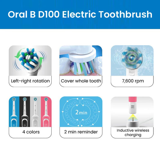 Oral B elektrinis dantų šepetėlis D100 Vitality 2D Kryžminis įkraunamas dantų šepetėlio valymo veiksmas su bambuko anglies šepetėlio galvutėmis